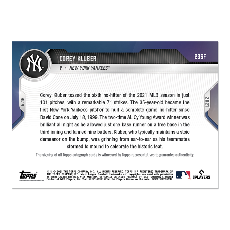 On-Card Auto # to 1 - Corey Kluber - 2021 MLB TOPPS NOW Card 235F - Image 2