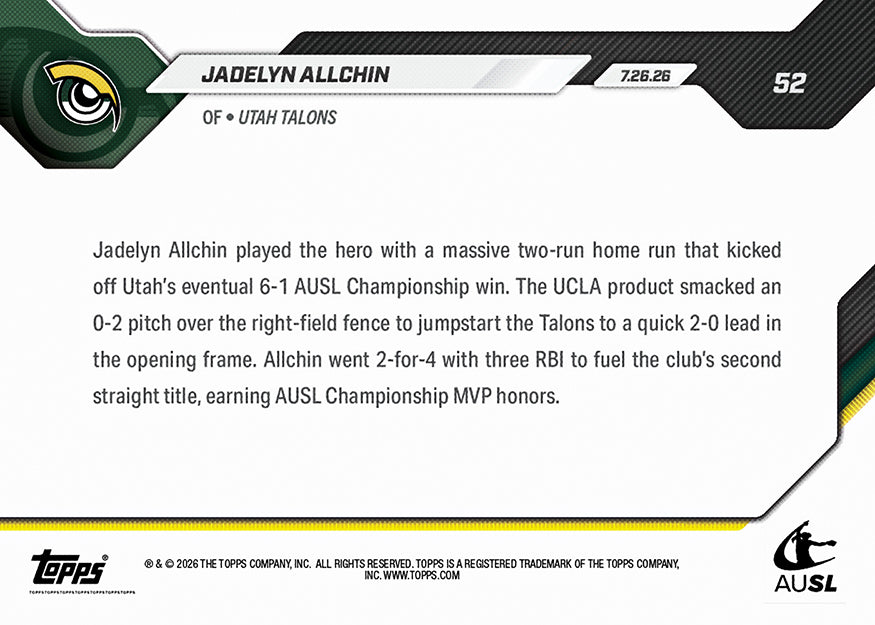 Jadelyn Allchin - 2026 AUSL Topps NOW - Card 52 - PR: 1382 - Image 3