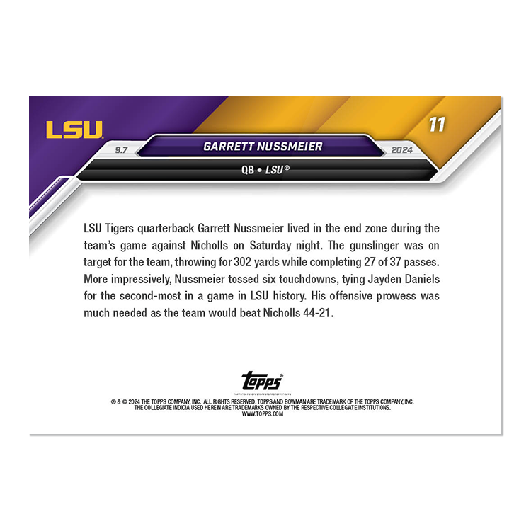 Alternative view of Garrett Nussmeier - 2024 Bowman U NOW Football Card 11 - PR: 608