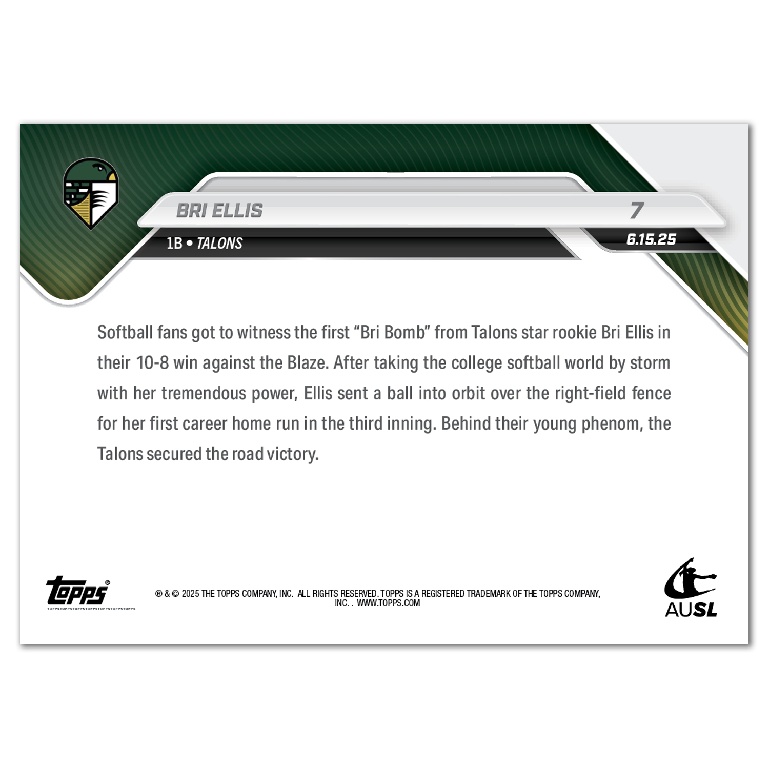Bri Ellis - 2025 AUSL Topps NOW - Card 7 - LOOK FOR AUTOS - PR: 1183 - Image 3