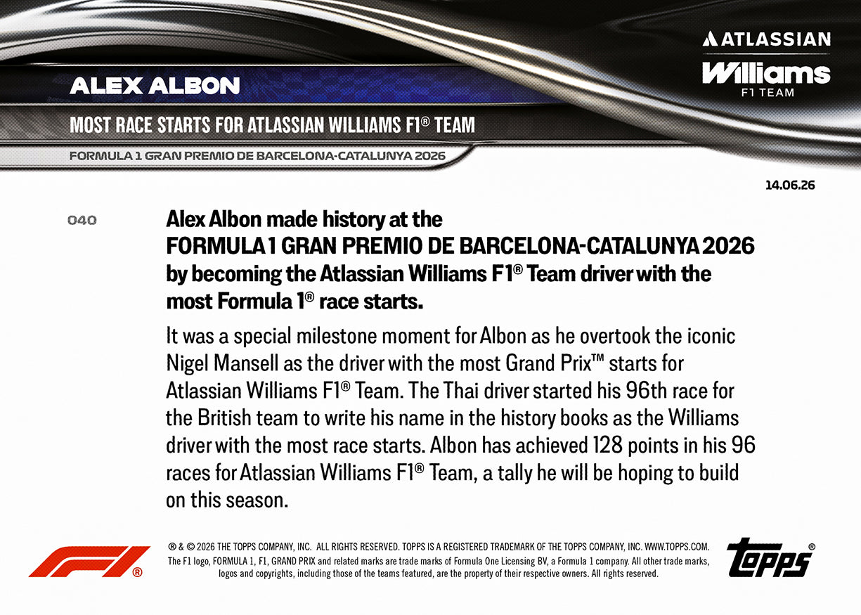 Alex Albon - 2026 Formula 1 Topps NOW - Card 40 - PR: 1749 - Image 7
