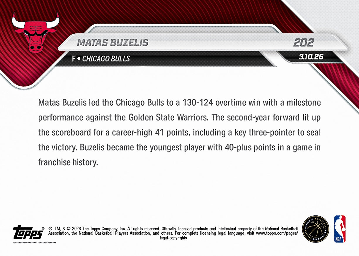 Matas Buzelis - 2025-26 NBA Topps NOW - Card 202 - PR: 1127 - Image 2
