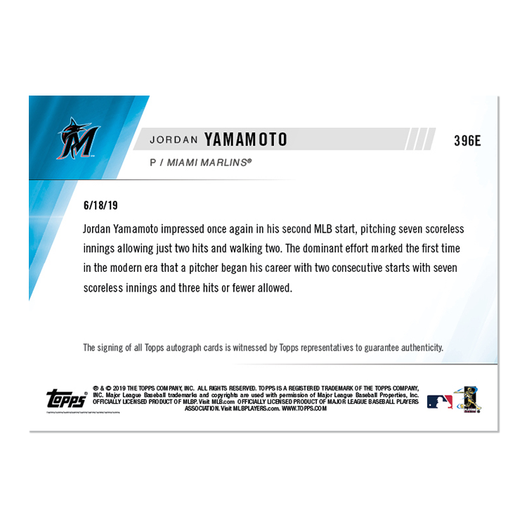On-Card Auto # to 5 - Jordan Yamamoto - MLB TOPPS NOW Card 396E - Image 2