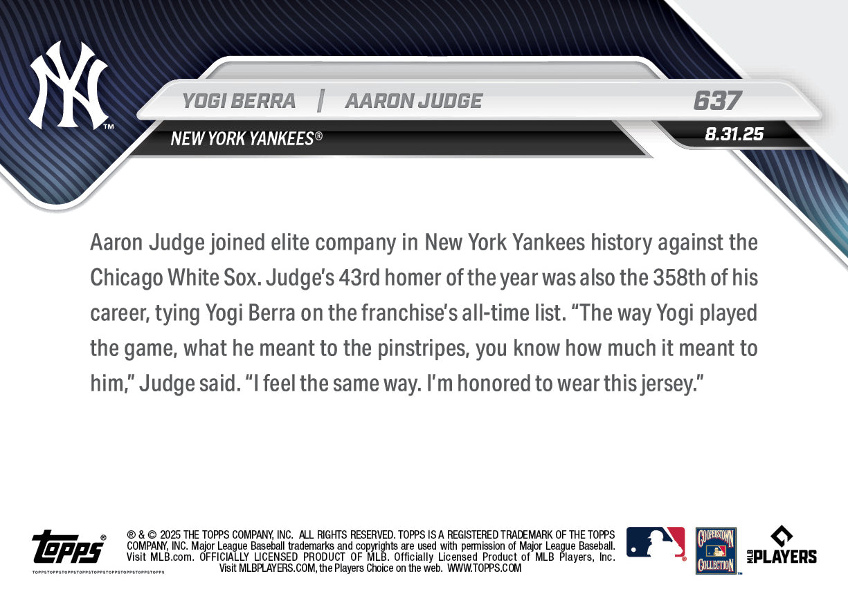 Alternative view of Yogi Berra / Aaron Judge - 2025 MLB Topps NOW - Card 637 - PR: 2732
