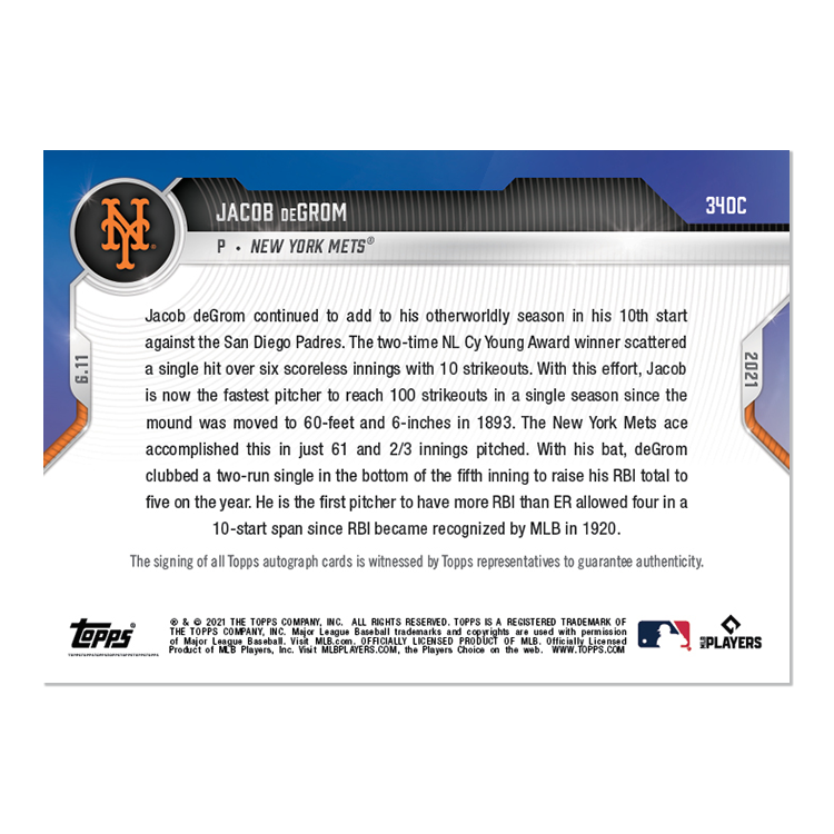 On-Card Auto # to 25 - Jacob deGrom - 2021 MLB TOPPS NOW Card 340C - Image 2