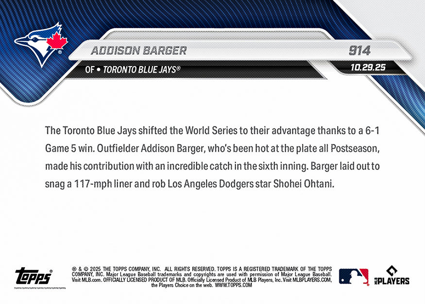 Alternative view of Addison Barger - 2025 MLB Topps NOW - Card 914 - PR: 1282