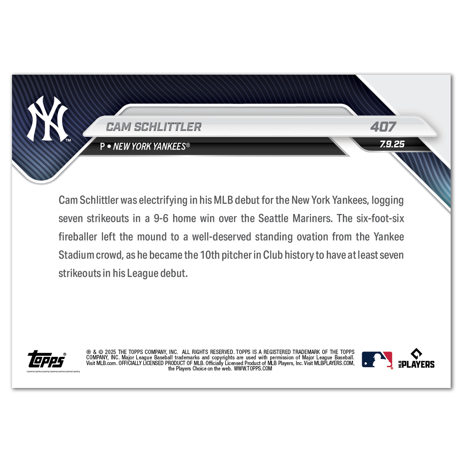 Cam Schlittler - 2025 MLB Topps NOW - Card 407 - PR: 2631 - Image 2