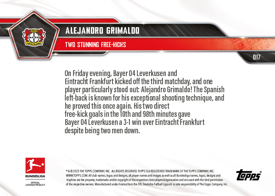 Alejandro Grimaldo - 2025-26 Bundesliga Topps NOW - Card 17 - PR: 231 - Image 7