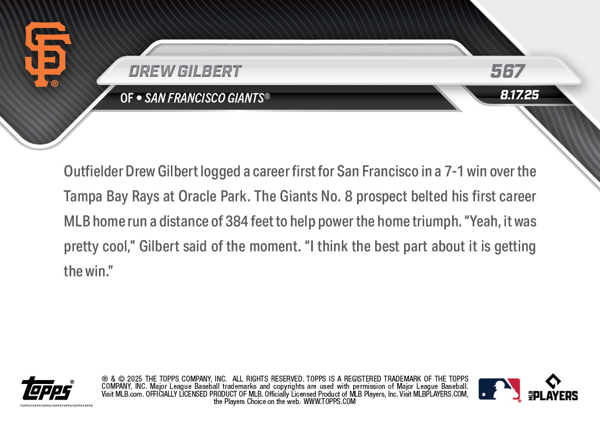 Drew Gilbert - 2025 MLB Topps NOW - Card 567 - PR: 876 - Image 2