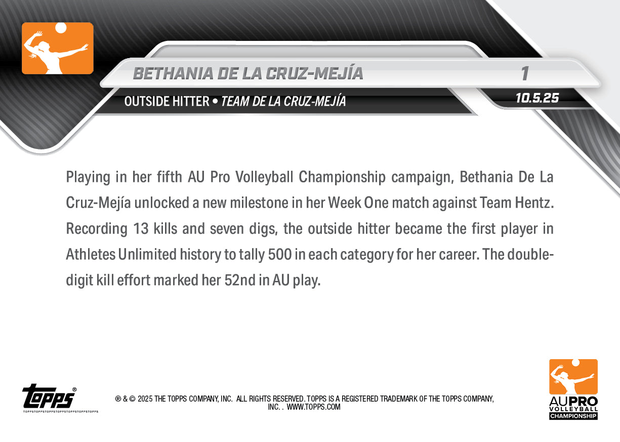 Bethania De La Cruz-Mejía - 2025 AU Pro Volleyball Topps NOW - Card 1 - PR: 260 - Image 2