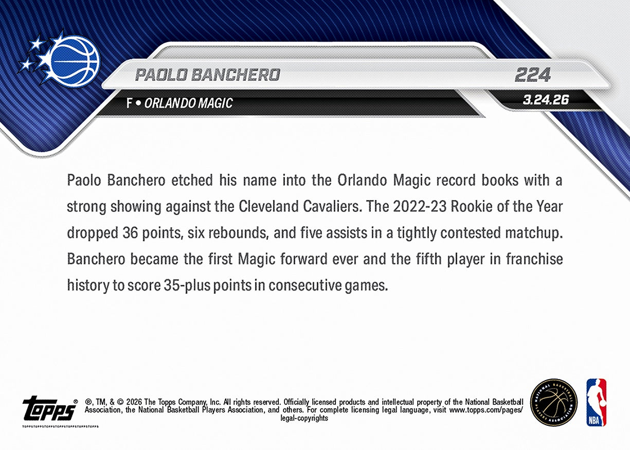 Paolo Banchero - 2025-26 NBA Topps NOW - Card 224 - PR: 439 - Image 2