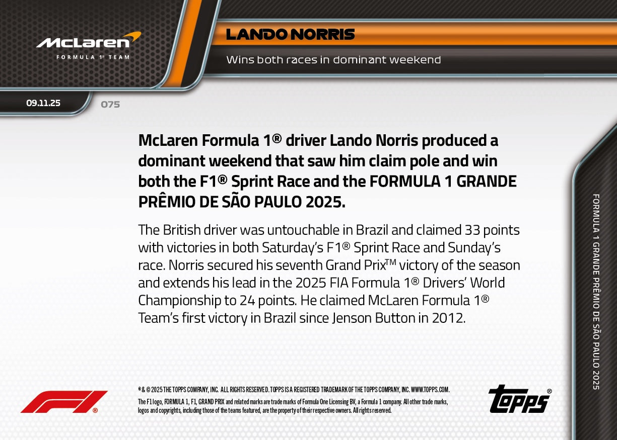 Lando Norris - 2025 Formula 1 Topps NOW - Card 75 - PR: 2682 - Image 7