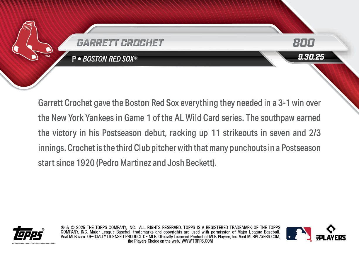 Garrett Crochet - 2025 MLB Topps NOW - Card 800 - PR: 1574 - Image 3