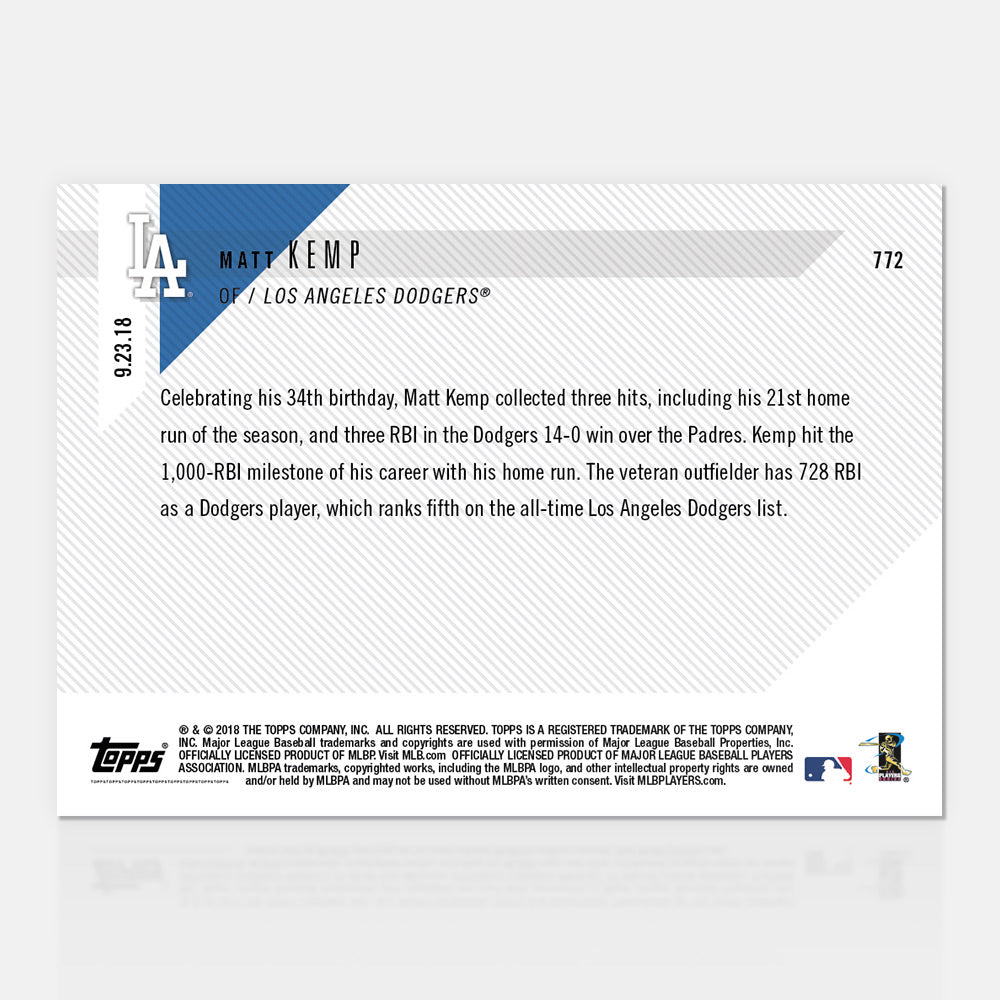 Matt Kemp - 09/23/2018 TOPPS NOW Card 772 - Print Run: 269 - Image 2