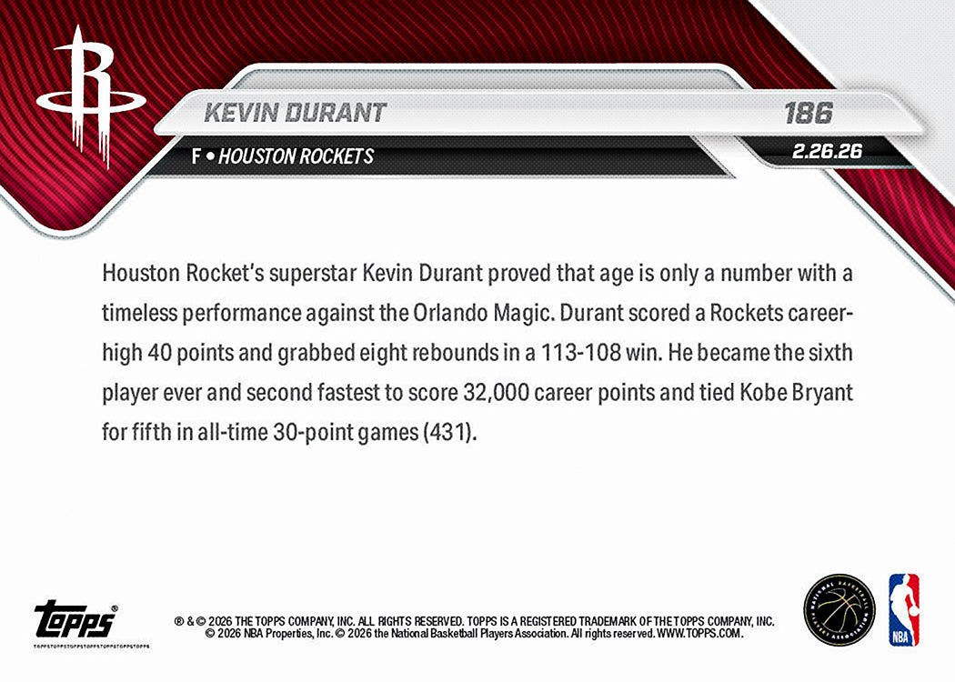 Kevin Durant - 2025-26 NBA Topps NOW - Card 186 - PR: 860 - Image 2
