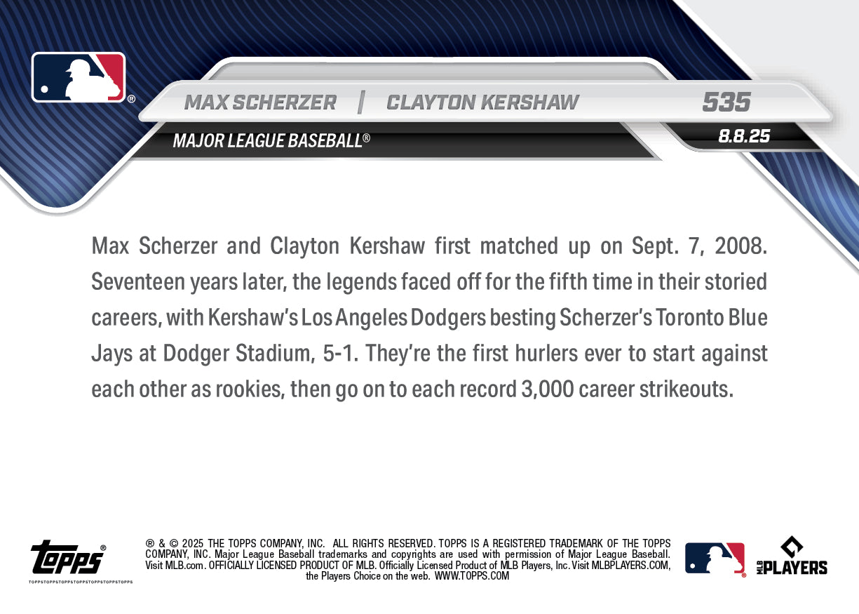 Max Scherzer/Clayton Kershaw - 2025 MLB Topps NOW - Card 535 - PR: 2553 - Image 2
