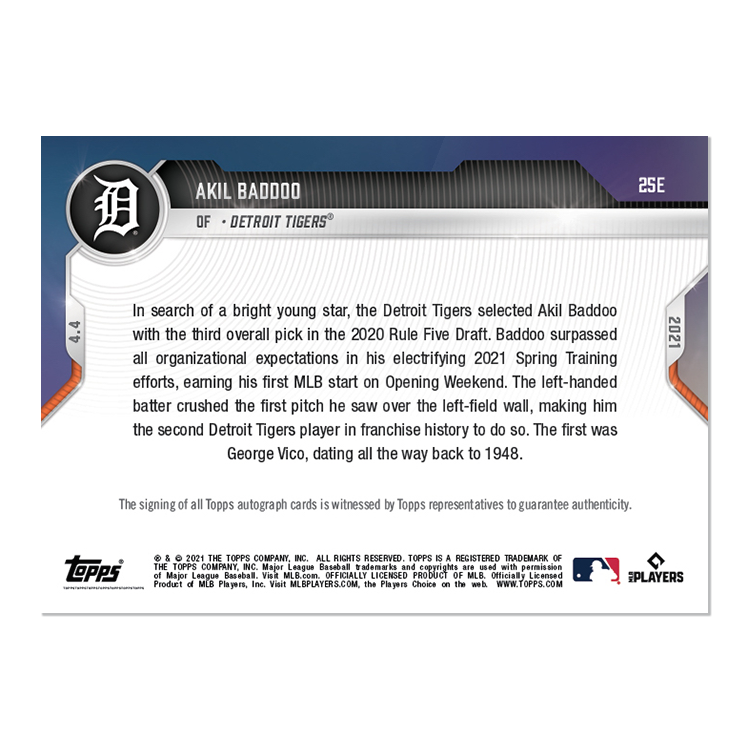 On-Card Auto # to 5 - Akil Baddoo - 2021 MLB TOPPS NOW Card 25E - Image 2