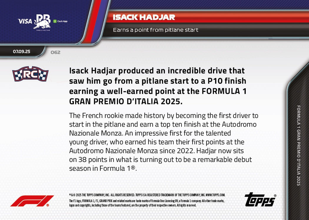 Isack Hadjar - 2025 Formula 1 Topps NOW - Card 62 - PR: 2397 - Image 7