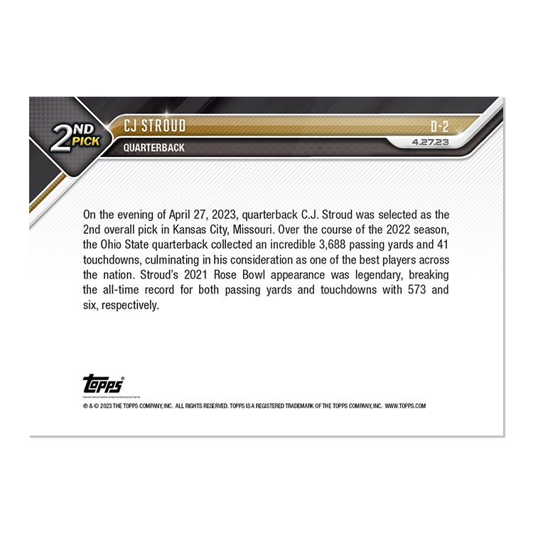 CJ Stroud - 2023 TOPPS NOW Football Card D-2 - PR: 2710 - Image 2