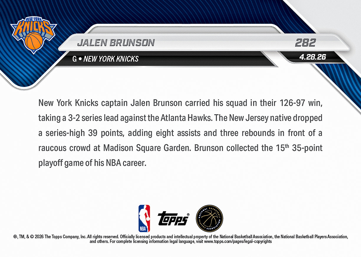 Jalen Brunson - 2025-26 NBA Topps NOW - Card 282 - PR: 1548 - Image 2