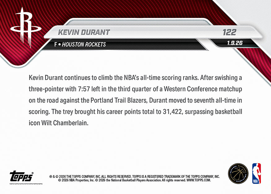 Kevin Durant - 2025-26 NBA Topps NOW - Card 122 - PR: 609 - Image 2