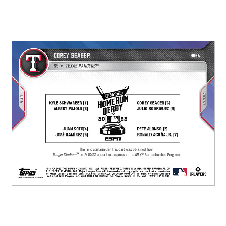 Alternative view of 2022 MLB Home Run Derby Ball Relic # to 10 - Corey Seager - 2022 MLB TOPPS NOW Card 566A