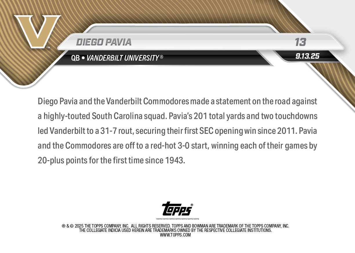 Diego Pavia - 2025-26 Bowman U NOW Football - Card 13 - PR: 652 - Image 2