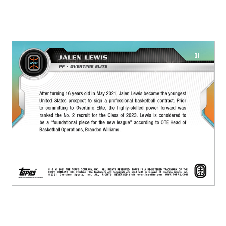 Jalen Lewis - 2021 Overtime Elite TOPPS NOW Debut Card D-1 - PR: 8247 - Image 2