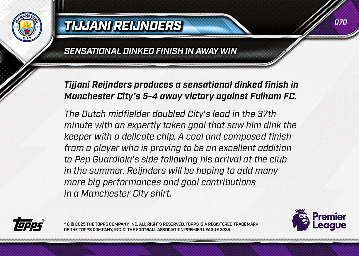 Tijjani Reijnders - 2025-26 Premier League Topps NOW - Card 70 - PR: 184 - Image 7