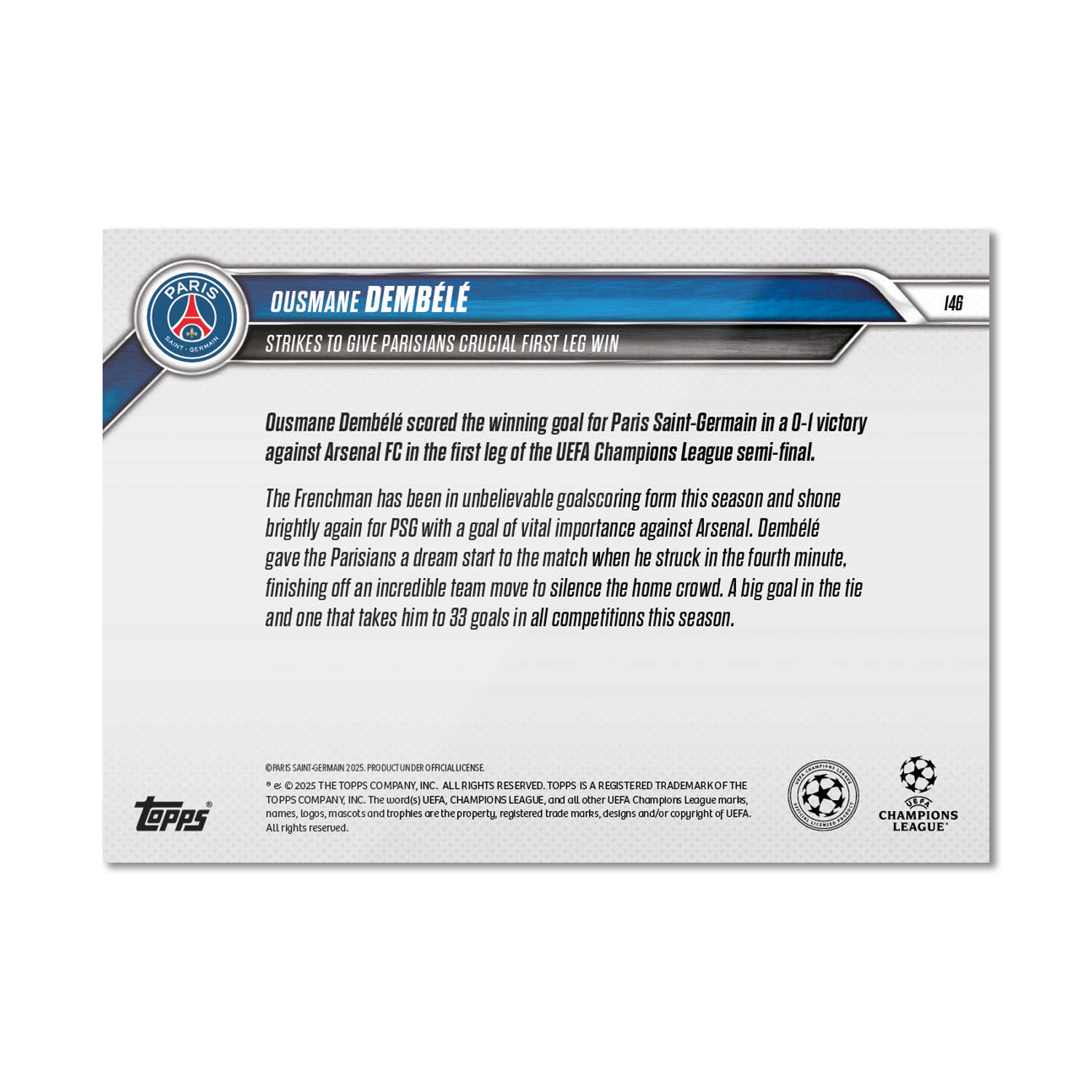 Ousmane Dembélé - 2024-25 UCL Topps NOW - Card 146 - PR: 398 - Image 7