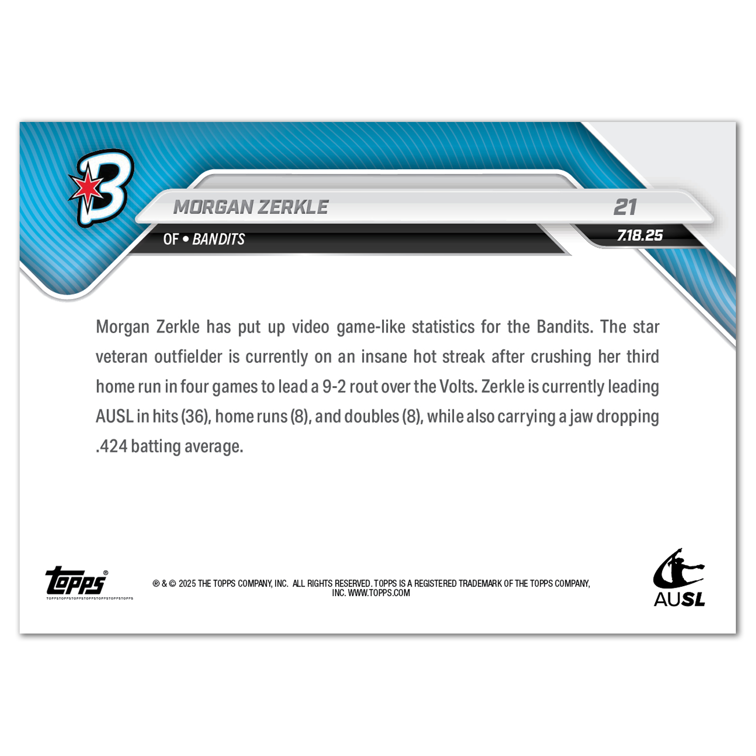 Morgan Zerkle - 2025 AUSL Topps NOW - Card 21 - LOOK FOR AUTOS - PR: 904 - Image 3
