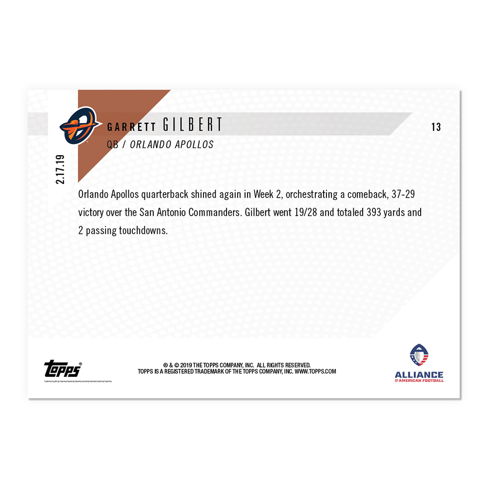 Garrett Gilbert - AAF TOPPS NOW Card 13 - Print Run: 224 - Image 2