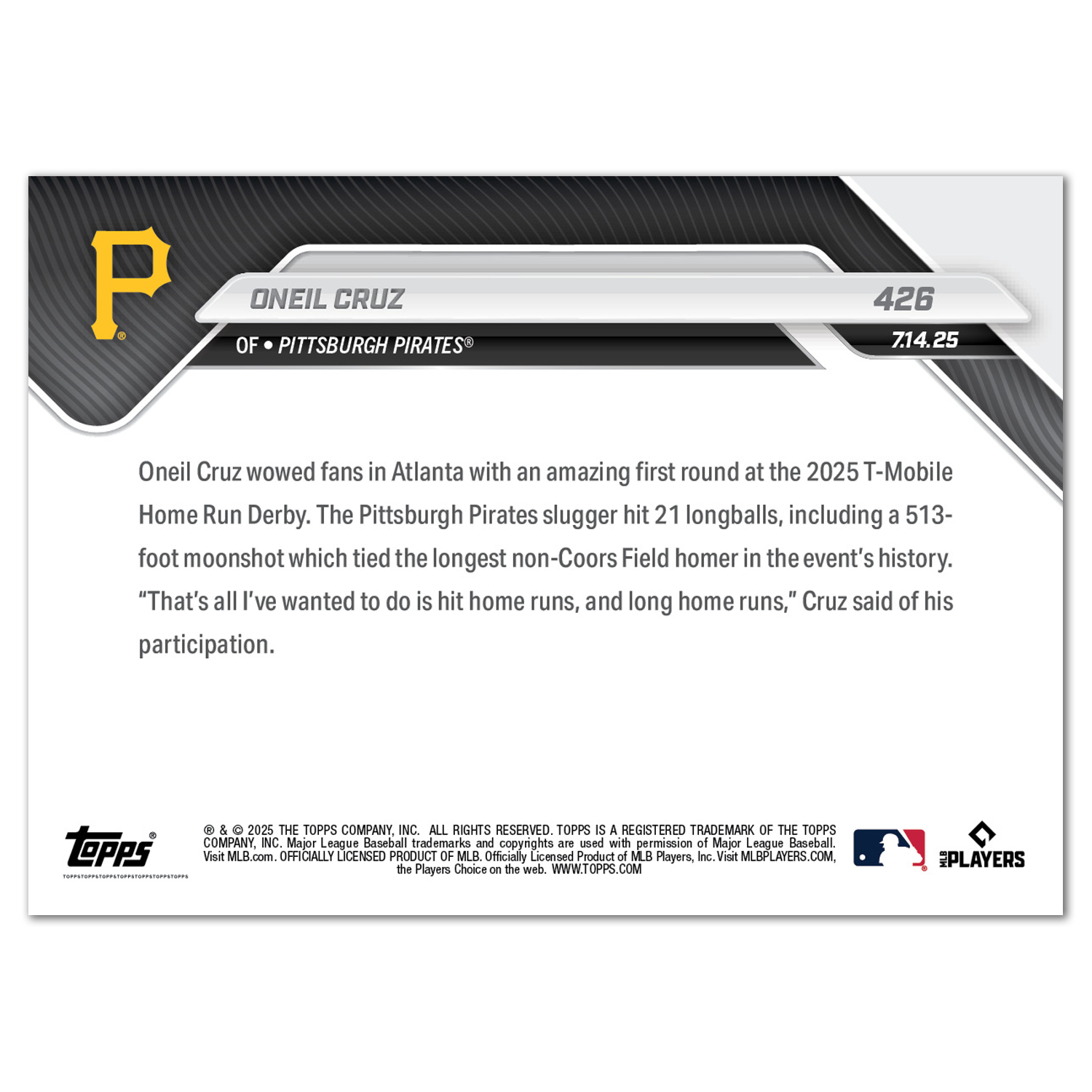 Oneil Cruz - 2025 MLB Topps NOW - Card 426 - PR: 1350 - Image 2
