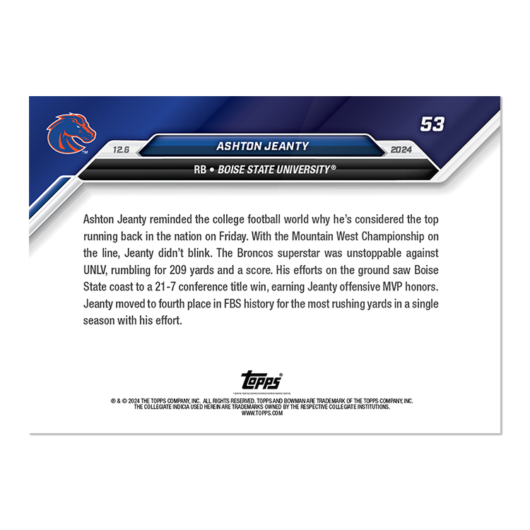 Alternative view of Ashton Jeanty - 2024 Bowman U NOW Football Card 53 - PR: 1751