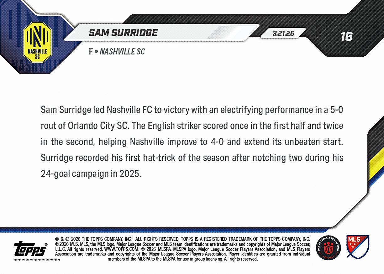 Sam Surridge - 2026 MLS Topps NOW - Card 16 - PR: 320 - Image 2