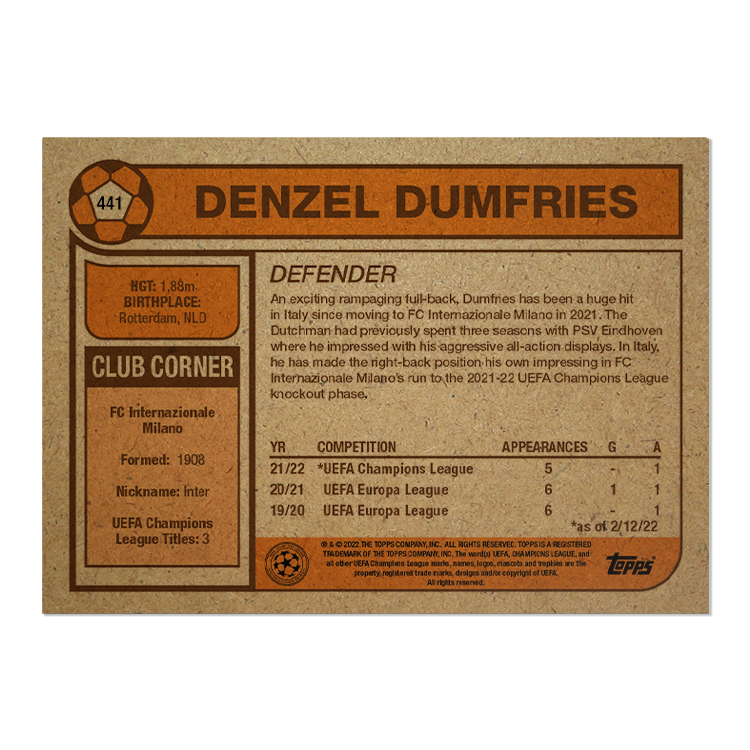 Topps UCL Living Set Card #441 - Denzel Dumfries - PR: 422 - Image 2