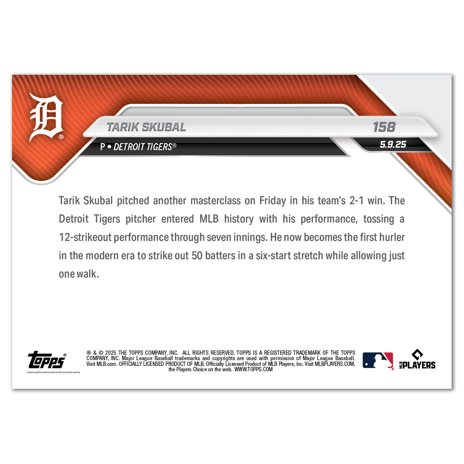 Tarik Skubal - 2025 MLB Topps NOW - Card 158 - PR: 1095 - Image 2