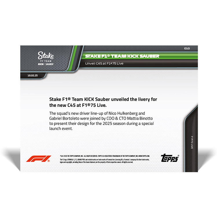 Stake F1 Team KICK Sauber - 2025 Formula 1 Topps NOW - Card 10 - PR: 566 - Image 2