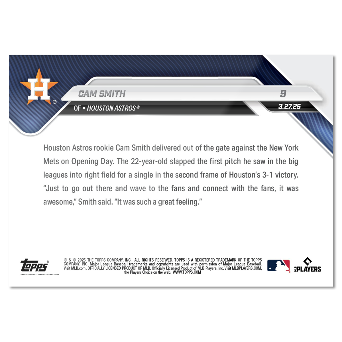Cam Smith - 2025 MLB Topps NOW - Card 9 - PR: 4182 - Image 2